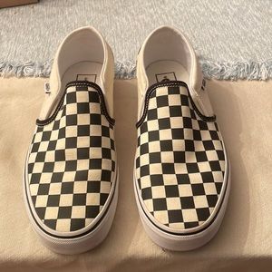 Women’s Vans Cream Black Checkerboard Slip On Shoes
